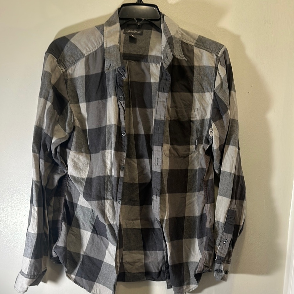 Eddie Bauer Gray Plaid Casual Button Down Shirt